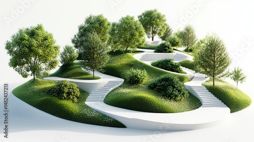 Fototapeta Naklejka Na Ścianę i Meble -  Serene modern landscape design with winding pathways and lush greenery 3d park view trees hills white