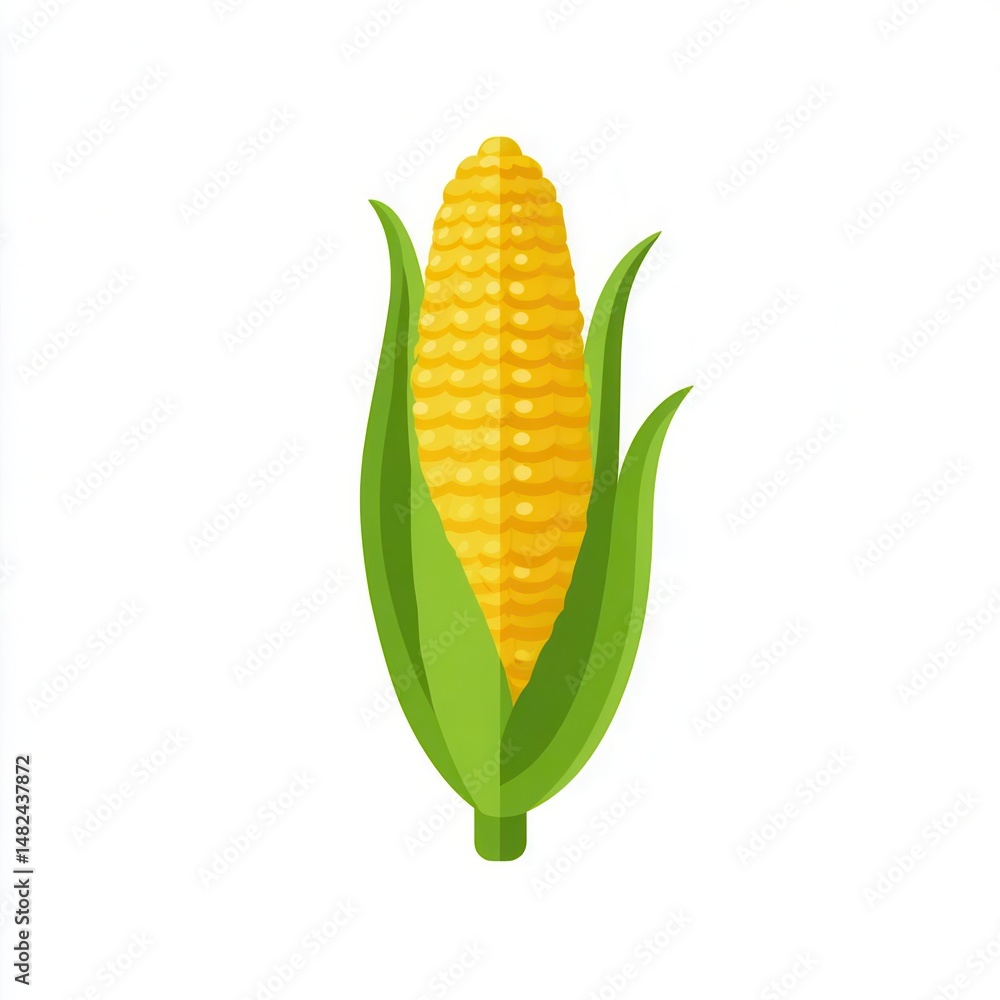 Obraz premium Vibrant corn on the cob with green leaves, isolated on a white background, ideal for food-related content