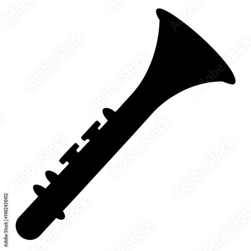 Silhouette of a clarinet, a woodwind instrument, standing on a white background
