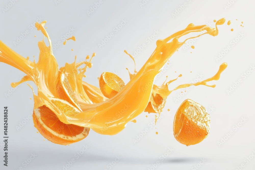 Flow of orange juice levitate with orange pieces