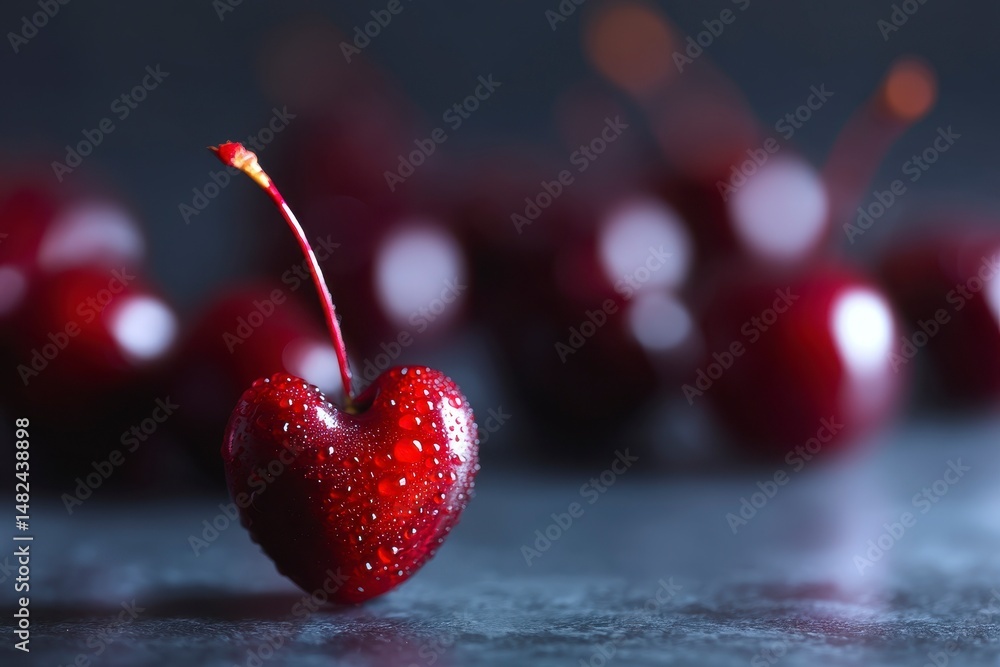 Cherry background with cherry in form of heart. Ripe fresh rich cherries