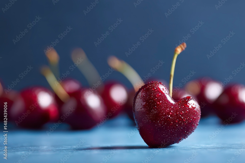 Cherry background with cherry in form of heart. Ripe fresh rich cherries