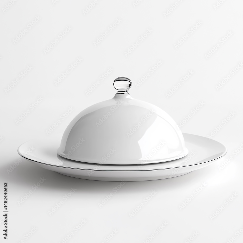 The elegant white serving cloche, raised gracefully above the empty white plate, created an air of anticipation at the dining table. isolated on a clean white backbackground The elegant white serving cloche, raised gracefully above the empty white plate, created an air of anticipation at the dining table. isolated on a clean white backbackground
