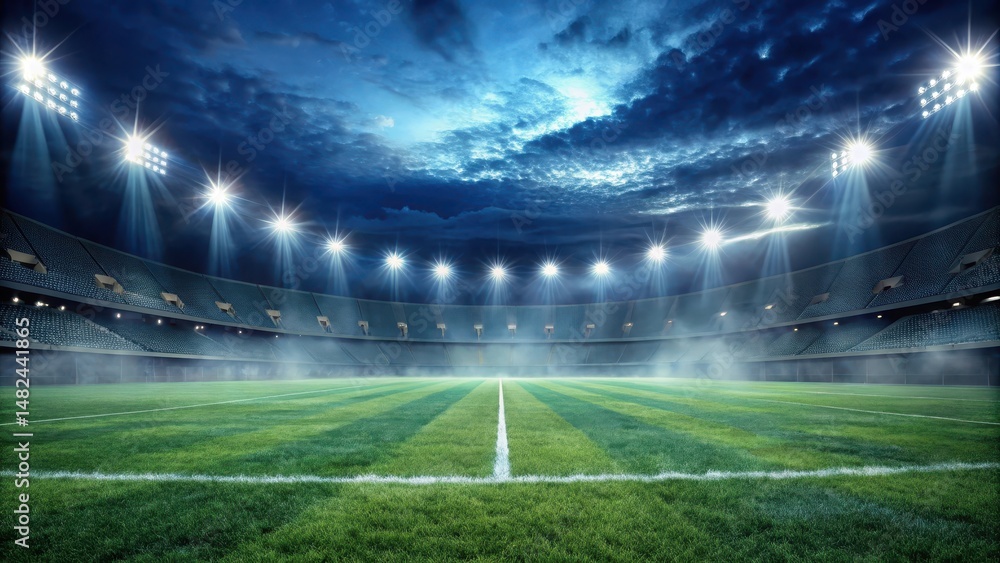 Fototapeta premium A football field under stadium lights at night, with a slight mist effect and dark shadows on the grass, light, night, light