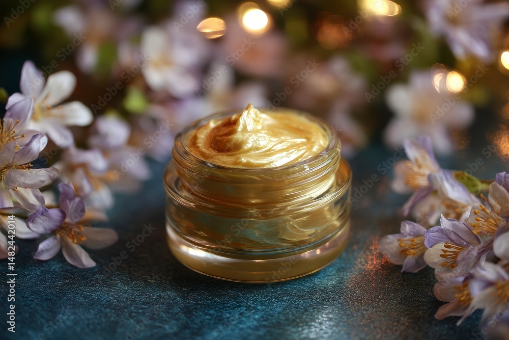 Luxury golden face cream petal skin care products flowers