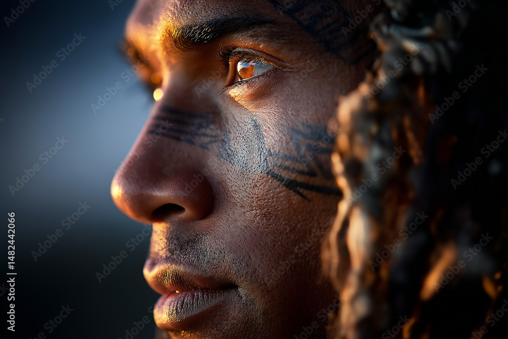 Close-up portrait of a Pacific Islander man with tribal tattoos, illuminated by warm golden hour light. His intense gaze, traditional cultural markings, and textured skin evoke strength, identity. Close-up portrait of a Pacific Islander man with tribal tattoos, illuminated by warm golden hour light. His intense gaze, traditional cultural markings, and textured skin evoke strength, identity.