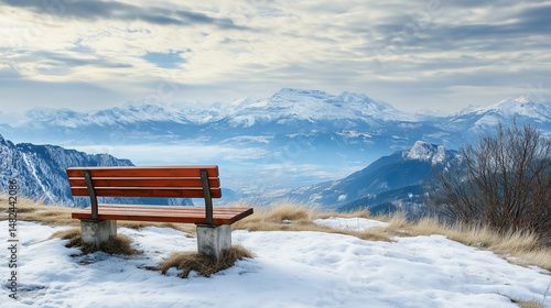 Wallpaper Mural Single wooden bench on snowy hill facing wide mountain view Torontodigital.ca