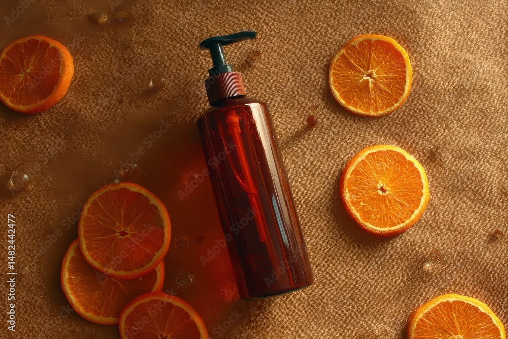 Brown bottle of fruit orange fragrance shower gel
