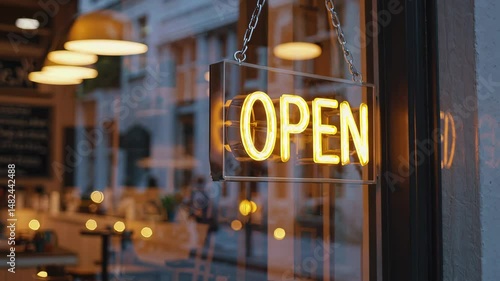 Warm glowing “OPEN” sign hanging on cafe door, soft bokeh reflections from cozy interior in inviting evening urban street ambiance