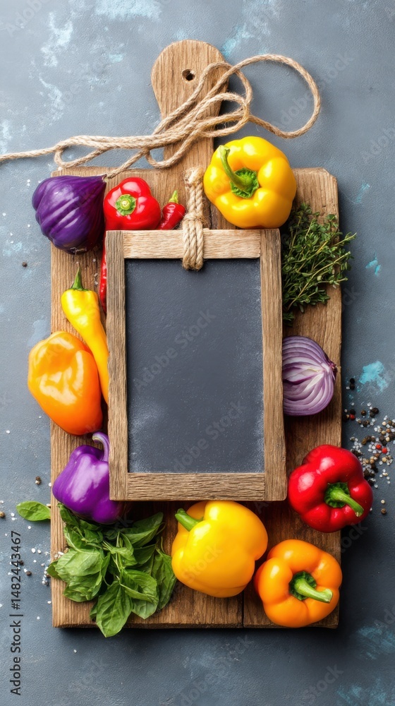 Colorful Bell Peppers and Herbs on Rustic Wooden Board Colorful Bell Peppers and Herbs on Rustic Wooden Board
