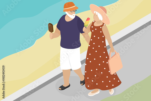 Senior couple walking on beach. Happy elderly man and woman traveling, enjoying ice creams together. Summer, seafront, senior life. Flat isometric vector illustration. Eps 10.