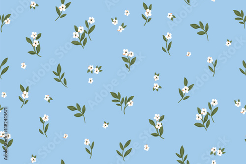 Seamless floral pattern, liberty ditsy print in romantic country motif. Cute botanical design of small hand drawn plants, tiny white flowers, mini leaves abstractly on blue field. Vector illustration.