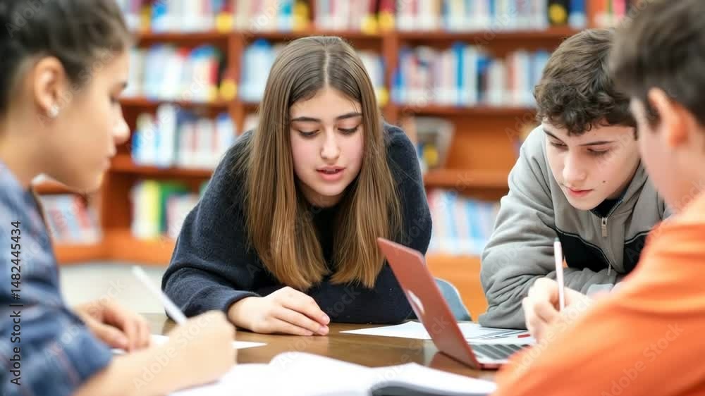 Group of students or high school students jointly performs a task in the library, study and teamwork Group of students or high school students jointly performs a task in the library, study and teamwork