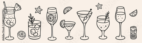 Alcoholic cocktails hand drawn vector doodle illustration. Sketch set. Italian style wedding dinner icons.