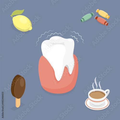 3d flat isometric vector illustration sensitive teeth. Toothache concept. Cartoon tooth sensitivity to cold, sour, hot, sweet. Lemon, candy, ice cream, coffee isolated on gray background.