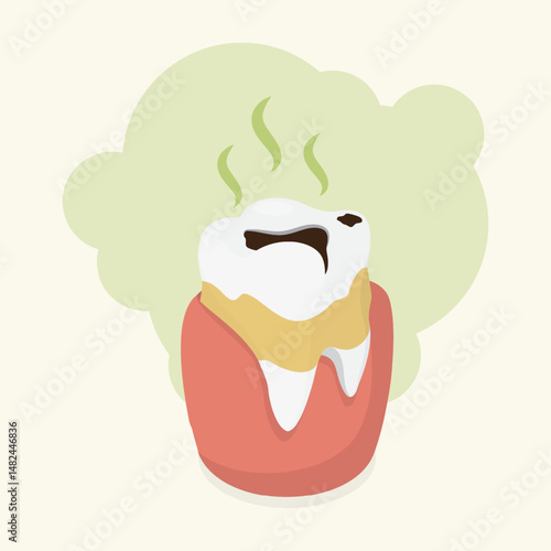 Toothache concept. Smell. Stinky green cloud with tooth caries. 3d flat isometric vector illustration. Eps 10