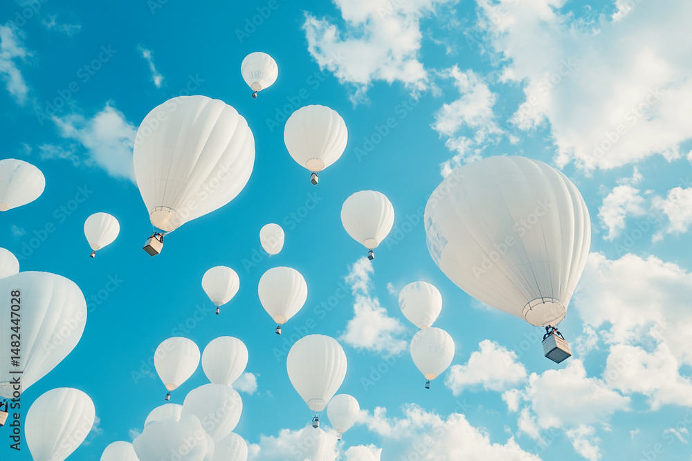 Obraz premium Many white hot air balloons float in a bright blue sky with fluffy white clouds a breathtaking view
