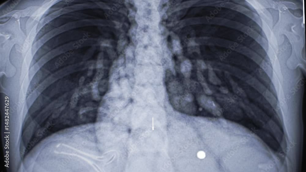 A detailed X-ray shows the structure of the human lungs and spine. Viewer can observe the clarity of lung fields and adjacent anatomy, useful for medical assessments.
