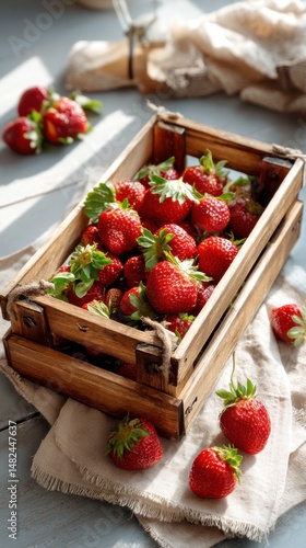 Fresh Red Strawberries in Rustic Wooden Crate