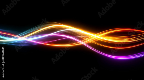 Abstract Rainbow Colored Wavy Light Trails On Black Background Vibrant Energy