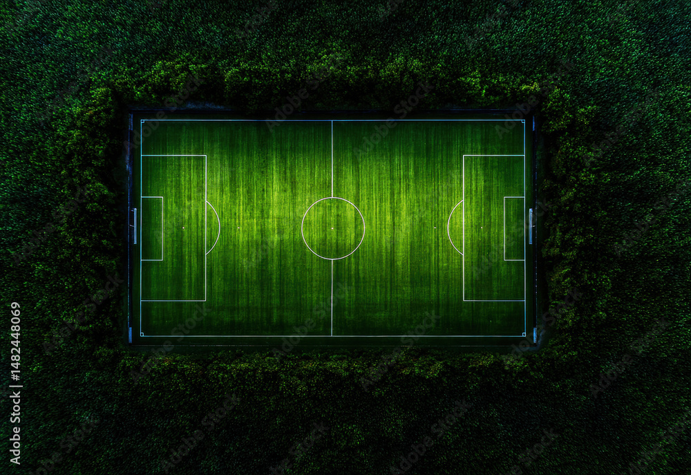 This captivating aerial shot showcases a vibrant football field surrounded by dense greenery, emphasizing the beauty of the sport and nature intertwined.