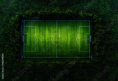 This captivating aerial shot showcases a vibrant football field surrounded by dense greenery, emphasizing the beauty of the sport and nature intertwined.