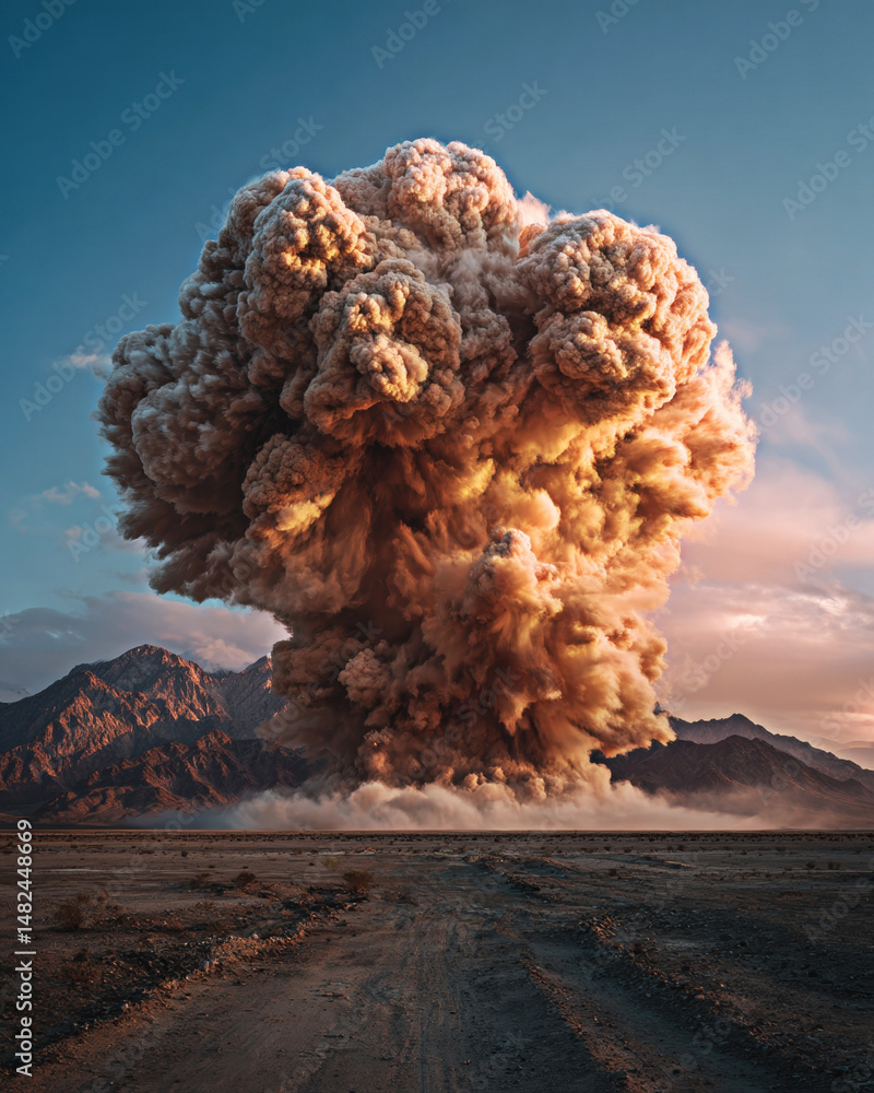 A dramatic explosion unfolds against a barren desert backdrop, with massive clouds of dust and debris billowing upwards, highlighting the raw power of nature and its striking beauty.