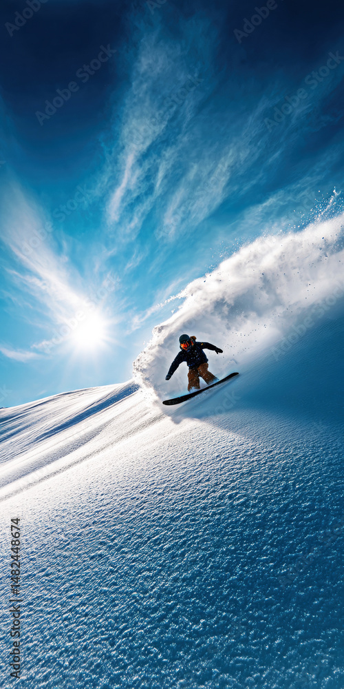 A snowboarder skillfully carves through fresh snow beneath a brilliant blue sky, capturing the thrill of winter sports and the beauty of the snowy landscape.