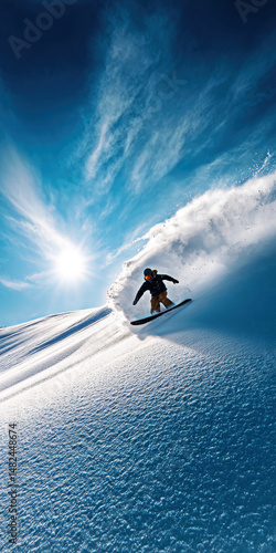 A snowboarder skillfully carves through fresh snow beneath a brilliant blue sky, capturing the thrill of winter sports and the beauty of the snowy landscape.