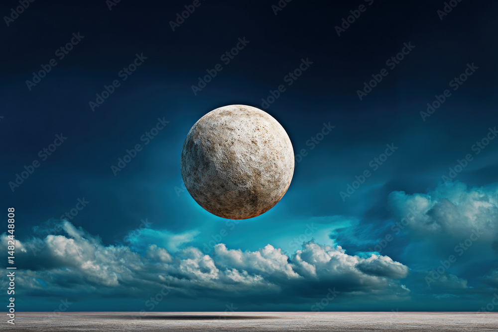 A mesmerizing planet floats gracefully amidst a dramatic sky, blending mystery with tranquility.
