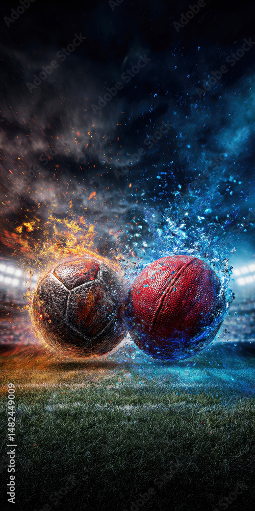 Witness the electrifying battle between a soccer ball and a football, surrounded by fiery flames and icy splashes, symbolizing the passion and intensity of sports rivalry.