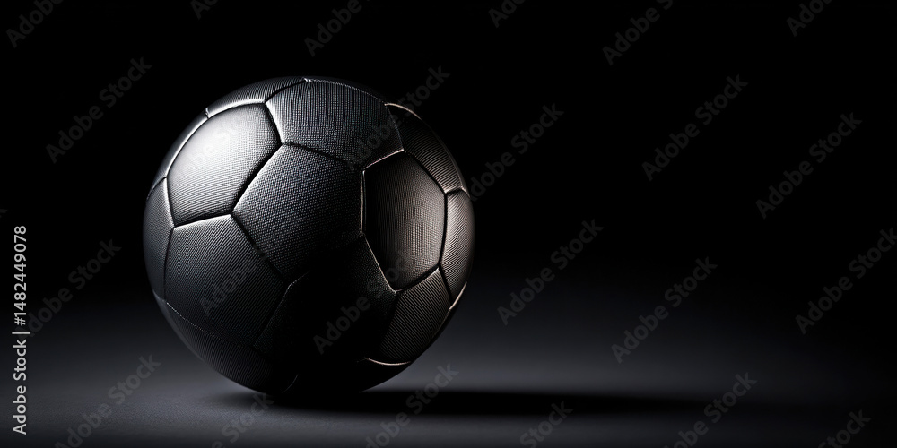 A striking black soccer ball elegantly illuminated against a dark background, showcasing its textured surface and classic hexagonal design.