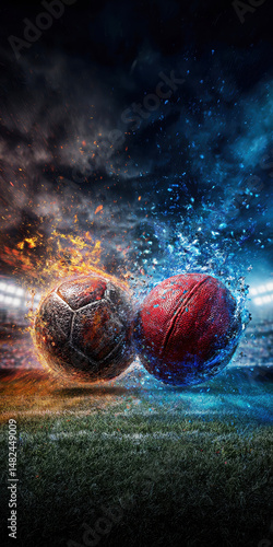 Obraz na płótnie Witness the electrifying battle between a soccer ball and a football, surrounded by fiery flames and icy splashes, symbolizing the passion and intensity of sports rivalry. w salonie