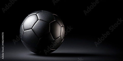 Obraz na płótnie A striking black soccer ball elegantly illuminated against a dark background, showcasing its textured surface and classic hexagonal design. w salonie