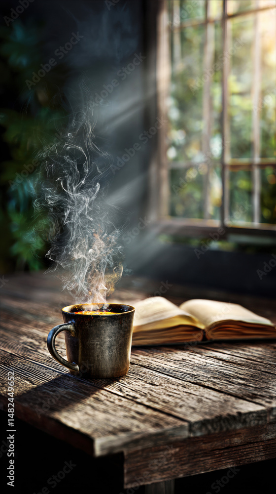 A steaming mug of coffee sits beside an open book on a rustic wooden table, bathed in soft natural light, evoking tranquility and inviting moments of reflection.