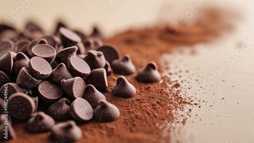 Dark chocolate chips and cocoa powder scattered on a beige surface during baking preparation