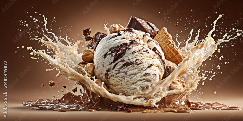 A luxurious scoop of chocolate ice cream bursts through a creamy splash of liquid chocolate, surrounded by nuts, wafers, and pieces of chocolate indulgence, evoking pure dessert bliss.