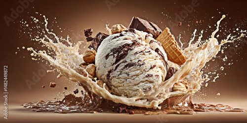 Obraz na płótnie A luxurious scoop of chocolate ice cream bursts through a creamy splash of liquid chocolate, surrounded by nuts, wafers, and pieces of chocolate indulgence, evoking pure dessert bliss. w salonie