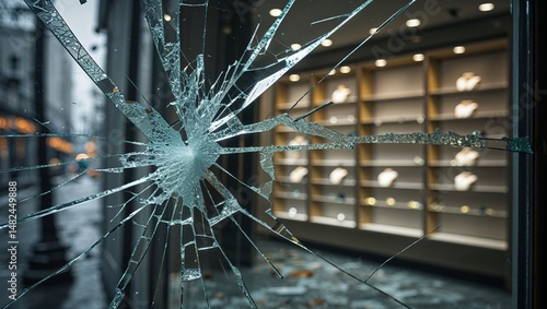 Shattered glass showcases the aftermath of a burglary in an upscale jewelry store late at night