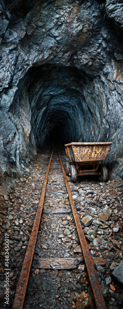 Explore the haunting beauty of an abandoned mine shaft, featuring rusted tracks and a ghostly cart, evoking a sense of history and mystery within the earth's dark corridors.