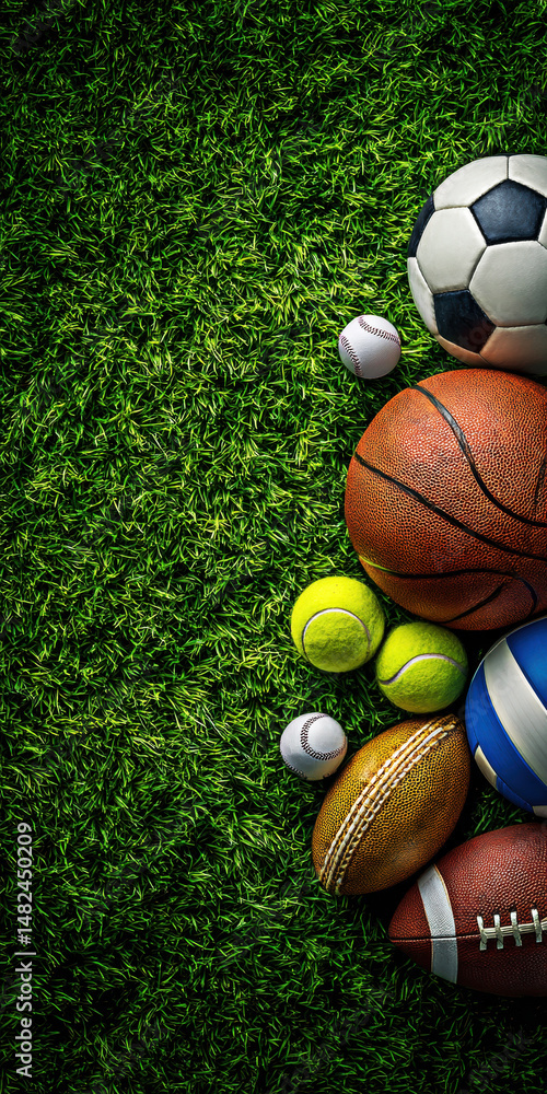 A vibrant assortment of sports balls, including soccer, basketball, baseball, tennis, and football, arranged on lush green grass, showcasing the joy and unity of sports.