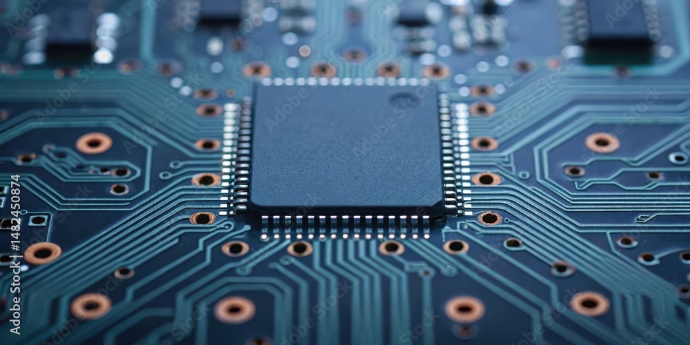 Fototapeta premium Close-up of a computer circuit board featuring intricate traces and a central processing unit, showcasing technology's complexity.