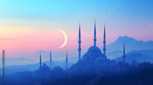 Mosque Silhouette at Dawn: Crescent Moon