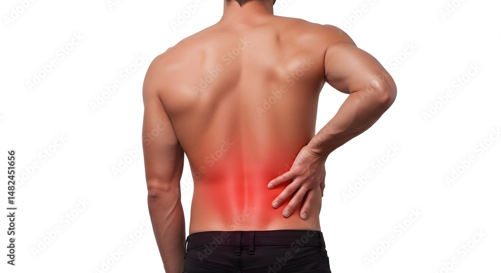 Fototapeta premium Man Experiencing Back Pain with Red Highlight on Lower Back Area