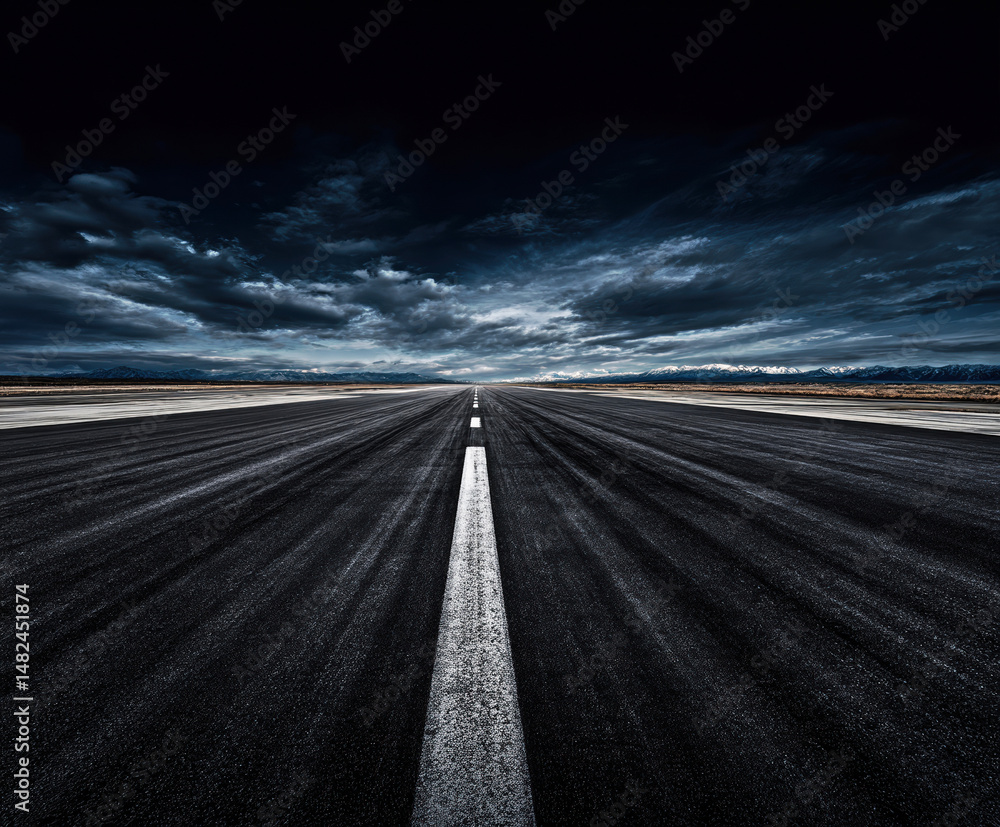 A captivating view of a deserted runway stretching into the horizon, framed by dramatic clouds and distant mountains, evoking feelings of adventure and exploration.