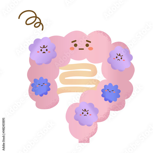 手描きの悪玉菌がいっぱいの腸のイラスト