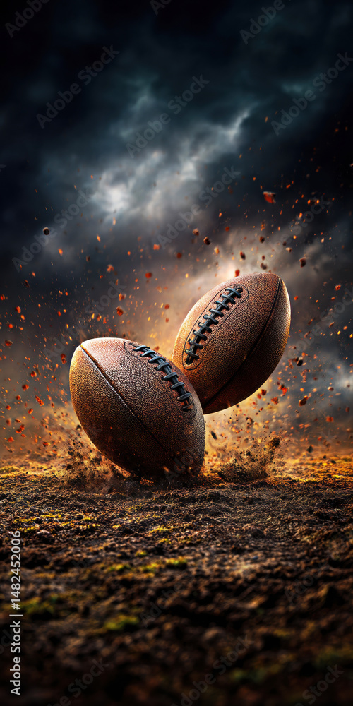 Two footballs collide mid-air, kicking up dirt and debris against a dramatic backdrop of dark clouds, capturing the intensity and thrill of the game.