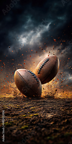 Obraz na płótnie Two footballs collide mid-air, kicking up dirt and debris against a dramatic backdrop of dark clouds, capturing the intensity and thrill of the game. w salonie