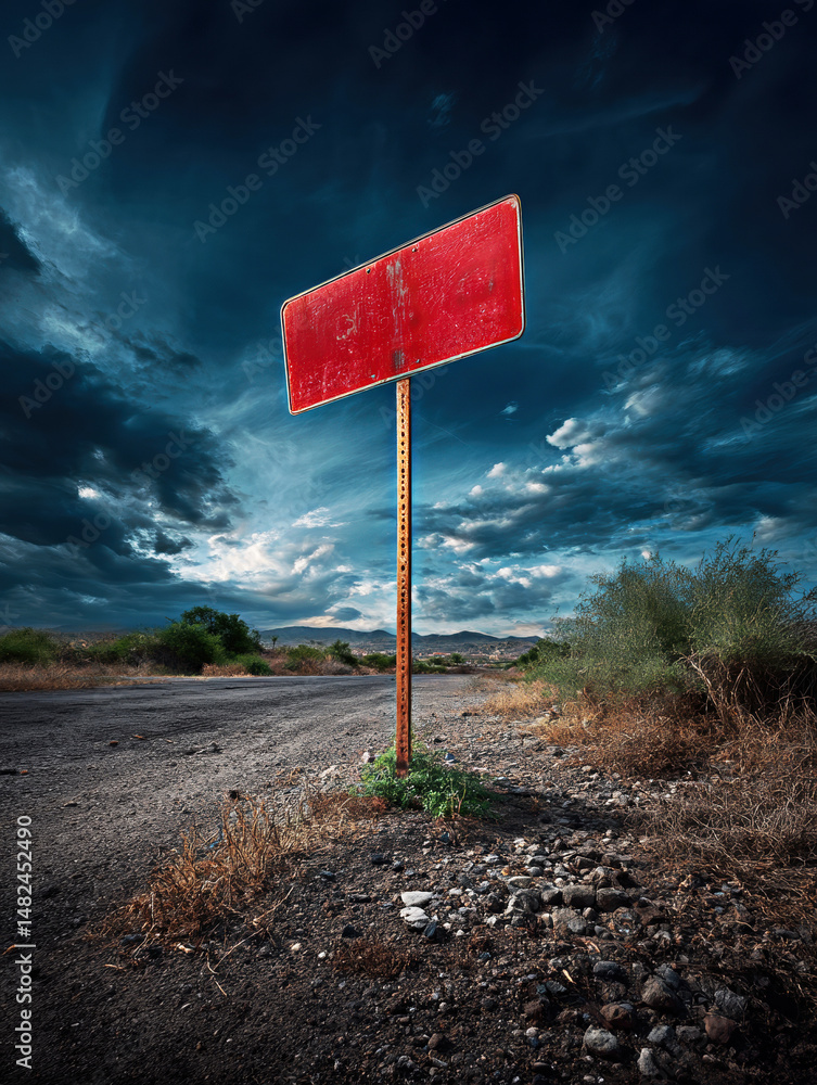 A solitary, weathered red sign stands amid a desolate landscape, surrounded by dry vegetation and rocky terrain under a dramatic sky, evoking a sense of abandonment and mystery.