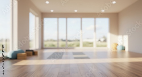 Wallpaper Mural Bright and airy yoga studio with wooden floors and large windows overlooking nature Torontodigital.ca